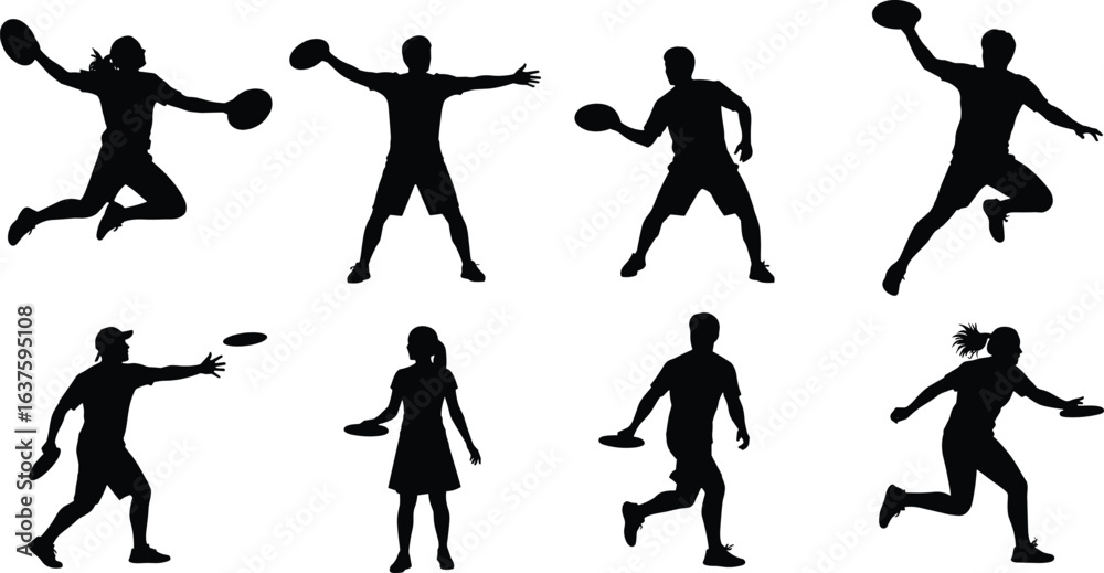 Naklejka premium Frisbee sport silhouettes, black and white action poses, dynamic movement, throwing and catching frisbee, athletic figures, minimal design, outdoor activity