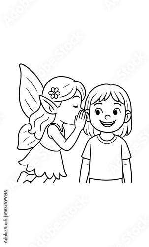 Fairy whispering secrets to a smiling child in a playful cartoon style