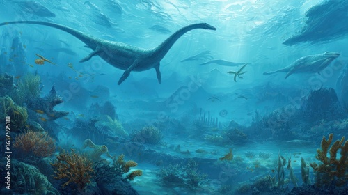 Prehistoric marine reptile underwater scene