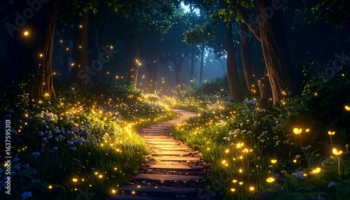 Fototapeta Naklejka Na Ścianę i Meble -  Winding stone path through a mystical forest at night, illuminated by fireflies and soft light