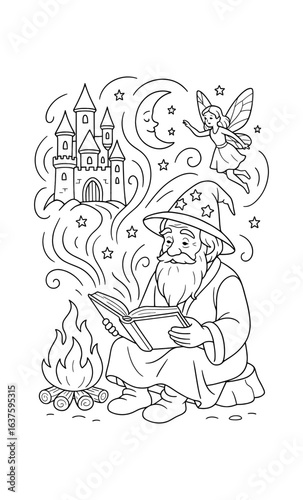 Wizard reading by campfire with magical scenes
