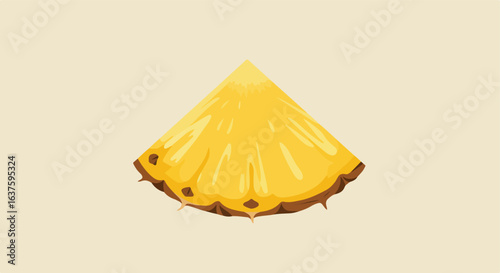 Slice of pineapple. Bright yellow flesh & spiked brown rind on a beige background