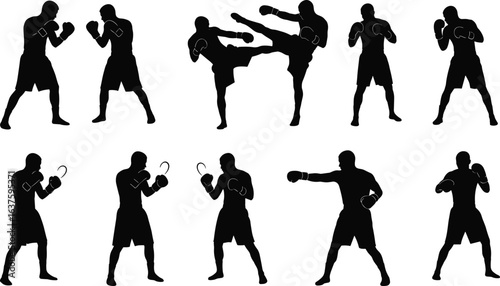 Martial arts silhouette poses, boxing stances, fighting techniques, kickboxing training, combat movements, self-defense actions, athlete shadows, sports illustration