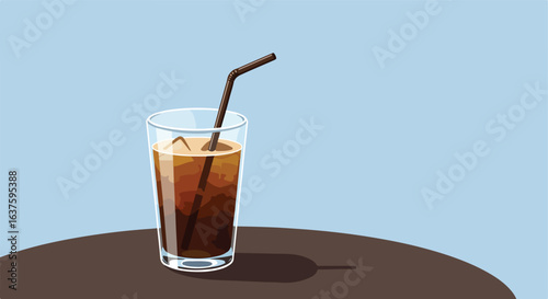 Cold brew iced beverage in a tall glass with a straw, sitting on a round table