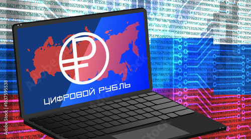 Vector pixel glowing flag of Russian federation. 3d mobile computer laptop. Map of Russia, symbol of electronic money. On russian mean, digital ruble on device screen. Virtual