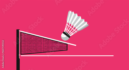 Shuttlecock flies over a net against a pink background. Playful and sporty scene