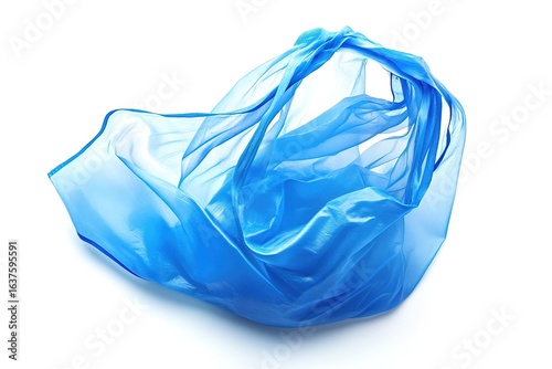A translucent blue shopping bag, slightly crumpled and floating, emphasizing its plastic texture and lightweight nature, isolated on white