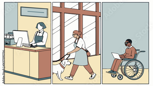 Inclusive Workplace Cashier Guide Dog Handler and Person in Wheelchair.