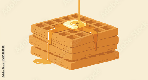 Waffle stack. Buttered, dripping maple syrup and minimalist design on light background