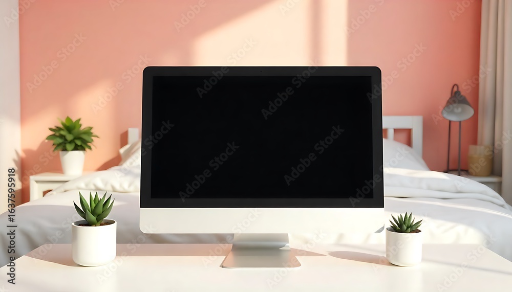 Fototapeta premium a computer monitor with a blank black screen placed on a white surface, created with generative ai