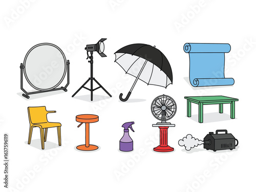 Illustration of Studio Equipment: A vibrant illustration of studio equipment, showcasing various essential tools used in photography and filmmaking. The artwork is clean, detailed, and colorful.