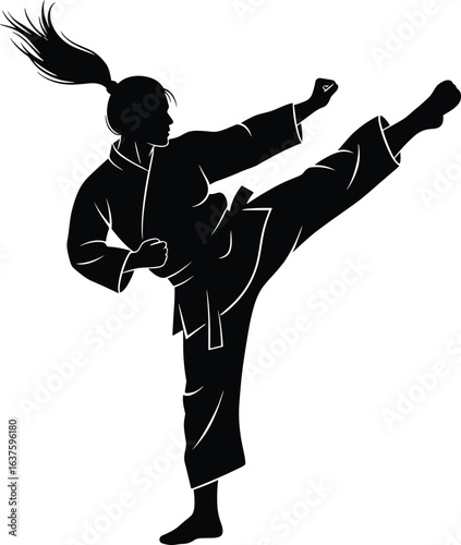 Silhouette of female martial artist executing high kick, karate pose, self defense, combat training, isolated on white background, martial arts practice