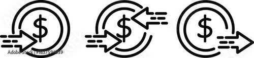 Set of black line icons representing money transfer and financial transactions. Includes symbols for incoming payment, outgoing payment, and bidirectional money exchange.