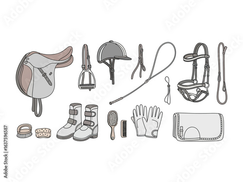 Equestrian Gear Collection: A collection of essential equestrian equipment, meticulously illustrated, showcasing the tools needed for riding and caring for horses.