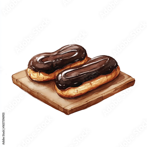 a cute Chocolate eclairs on a wooden tray