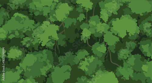 A cartoon foliage shows a lush, green forest canopy from a bird's-eye view