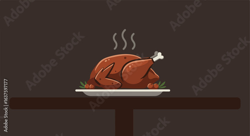 Cartoon roasted poultry on a platter with garnish sits on a table, steaming