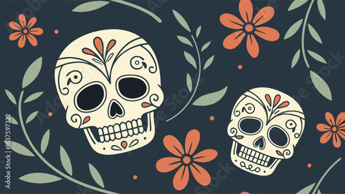 Ornate Sugar Skulls with Floral Design for Dia de los Muertos.