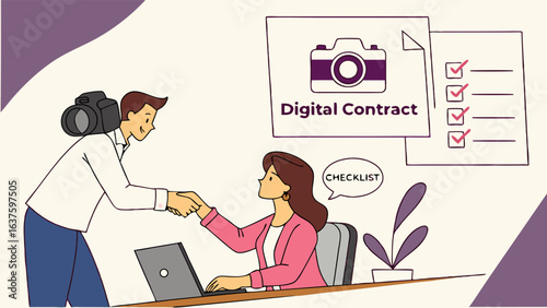 Photographer and Client Shaking Hands Over Digital Contract Agreement.