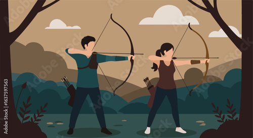 Archers aim bows and arrows. Forest backdrop with clouds. Dark neutral color palette
