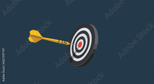 Dart hits the bullseye of a target for accuracy and success, flat vector image
