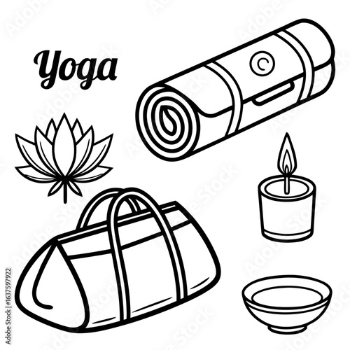 Black and white illustration of yoga equipment and lotus flower meditation wellness