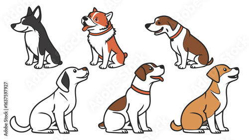Six Cartoon Dogs in Various Poses and Color Combinations.