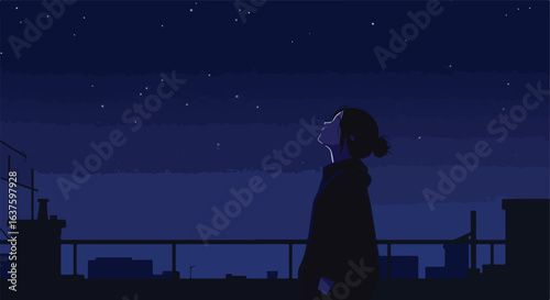 Rooftop gazing at the stars at night, buildings, cityscape, dark colors, calm scene