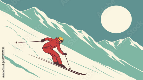 Skier Descending Snowy Mountain Slope at Night.