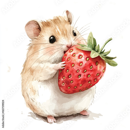 a cute Chubby hamster eating a giant strawberry