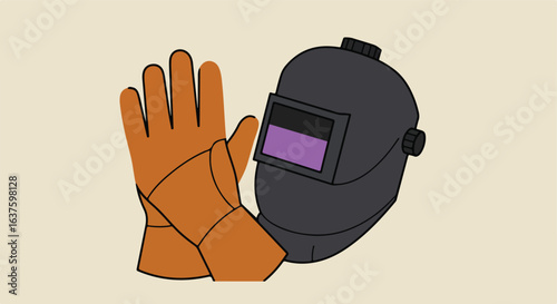 Welding safety gear a dark helmet and protective gloves