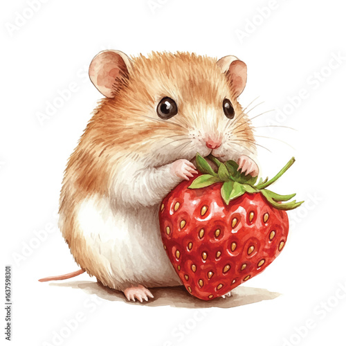 a cute Chubby hamster eating a giant strawberry