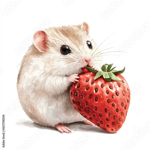 a cute Chubby hamster eating a giant strawberry