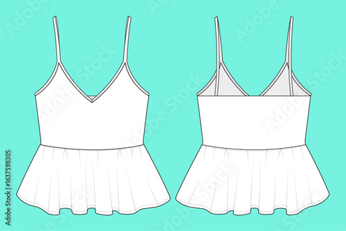 Ladies Camisole Tops Fashion Flat Sketch CAD Mockup Template. 