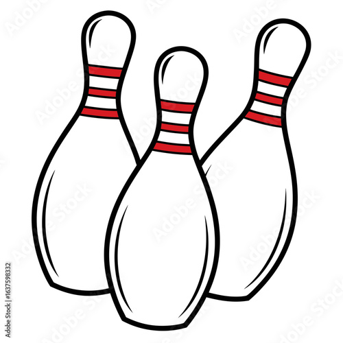 Three white bowling pins with red stripes on a white background sport game