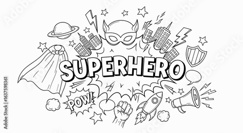 Superhero doodle art with comic elements and iconic symbols