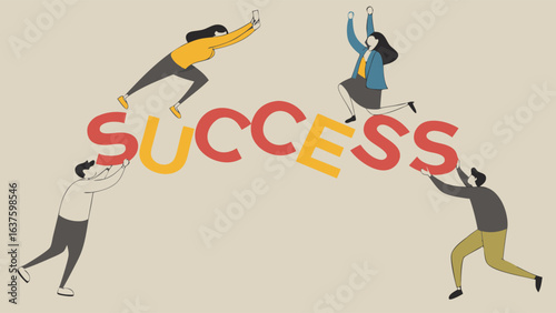Team Celebrating Success by Holding Up the Word Success.