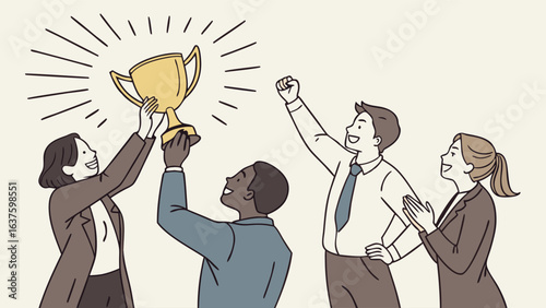 Team Celebrating Success with Trophy Showing Achievement and Victory.