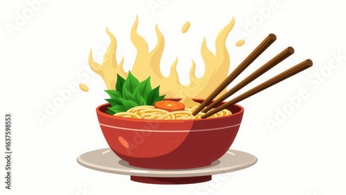 A vibrant illustration depicts a steaming bowl of ramen topped with fresh greens and vegetables.