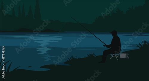 Silhouette sits fishing by calm waters; grass, trees under a dark, blue sky