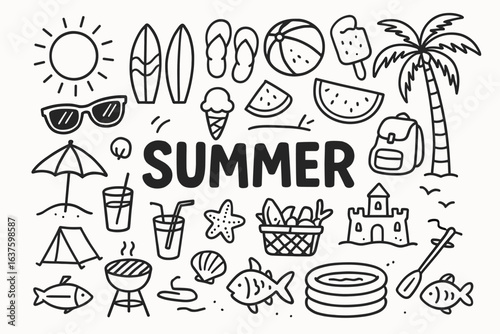 Hand-drawn summer doodles featuring beach fun and outdoor activities