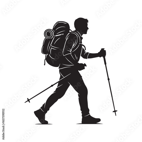 Silhouette of a hiker with a large backpack and trekking poles