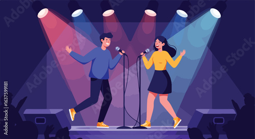 Duo onstage, singing into microphones under bright spotlights, viewed by audience