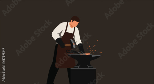 A person forging metal on an anvil with sparks. Simple illustration on dark BG