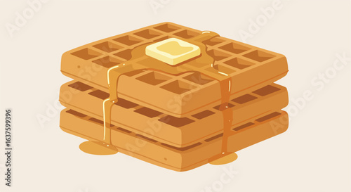 A stack of three waffles with dripping syrup and a pat of melting butter on top