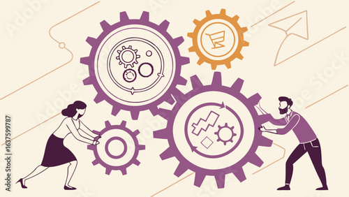Teamwork Illustration Man and Woman Turning Gears for Business Processes.