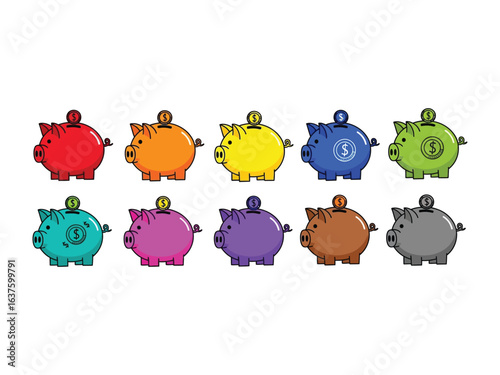 Piggy Bank Collection: An assorted spectrum of charming piggy banks, each radiating individuality and vibrant hues. These financial guardians stand as symbols of prudence and careful savings. 