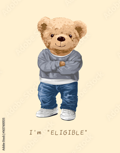 cool bear doll in blue jeans vector illustration - created by hand drawn