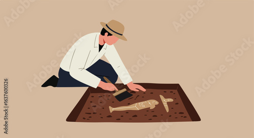 Archaeologist carefully excavating artifacts in a pit with a brush tool