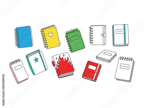 Notebooks arrayed for inspiration: A diverse array of whimsical and colorful notebooks.